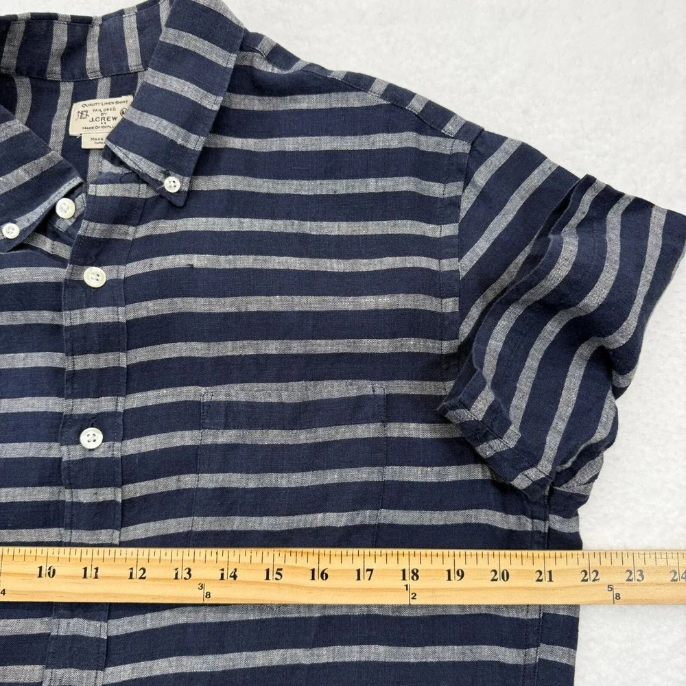 J.Crew 100% Linen Button Down Shirt SS Blue Gray Stripe Fisherman Coastal Mens M